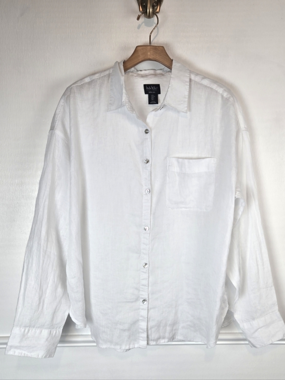Nicole Miller 100% Linen Shirt - White Button Down Long Sleeve Large Essential